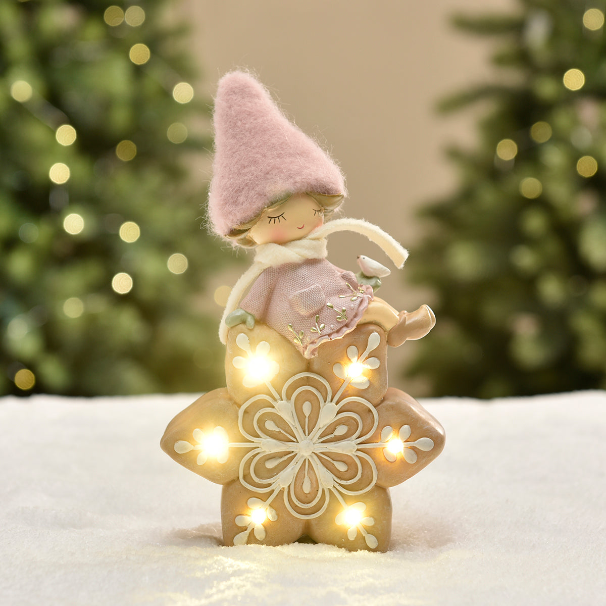 Figurine de Noël Fille à bonnet rose sur flocon LED