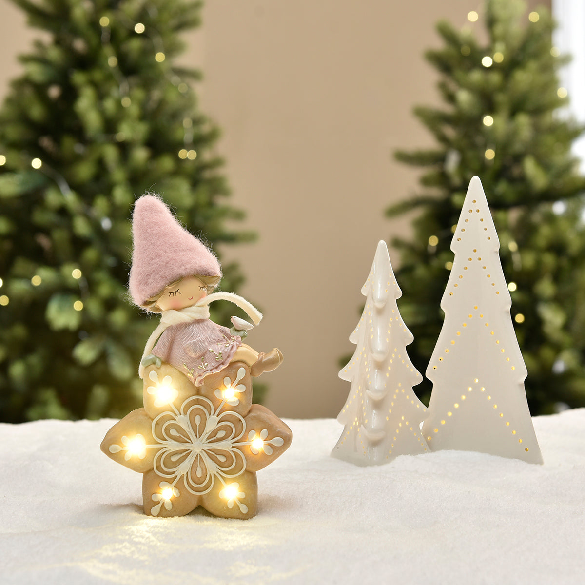 Figurine de Noël Fille à bonnet rose sur flocon LED