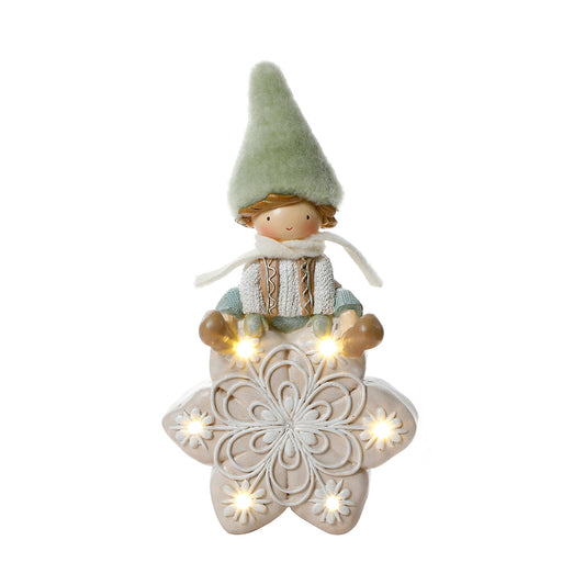 Figurine de Noël garçon avec bonnet vert sur flocon LED