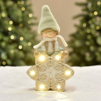 Figurine de Noël garçon avec bonnet vert sur flocon LED