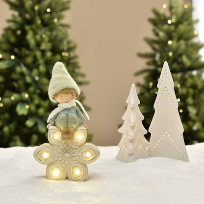 Figurine de Noël garçon avec bonnet vert sur flocon LED