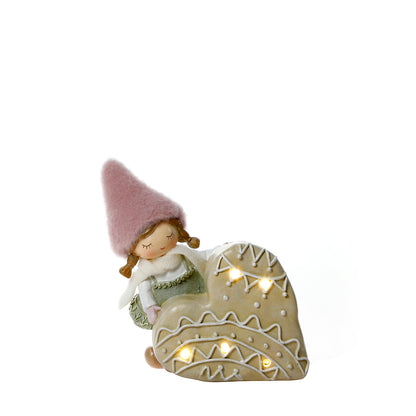 Figurine de Noël Fille à bonnet rose sur Coeur LED
