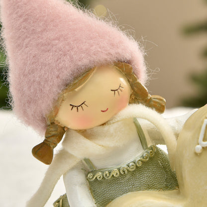 Figurine de Noël Fille à bonnet rose sur Coeur LED