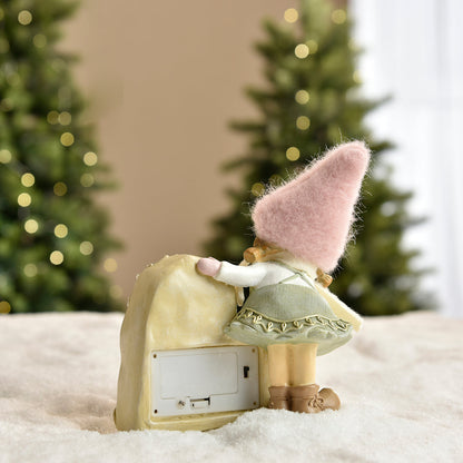 Figurine de Noël Fille à bonnet rose sur Coeur LED