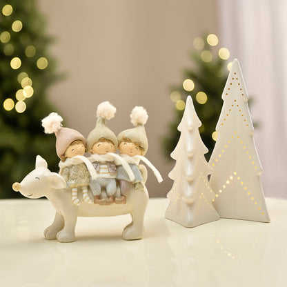 Figurine de Noël 3 Enfants sur Renne Pastel