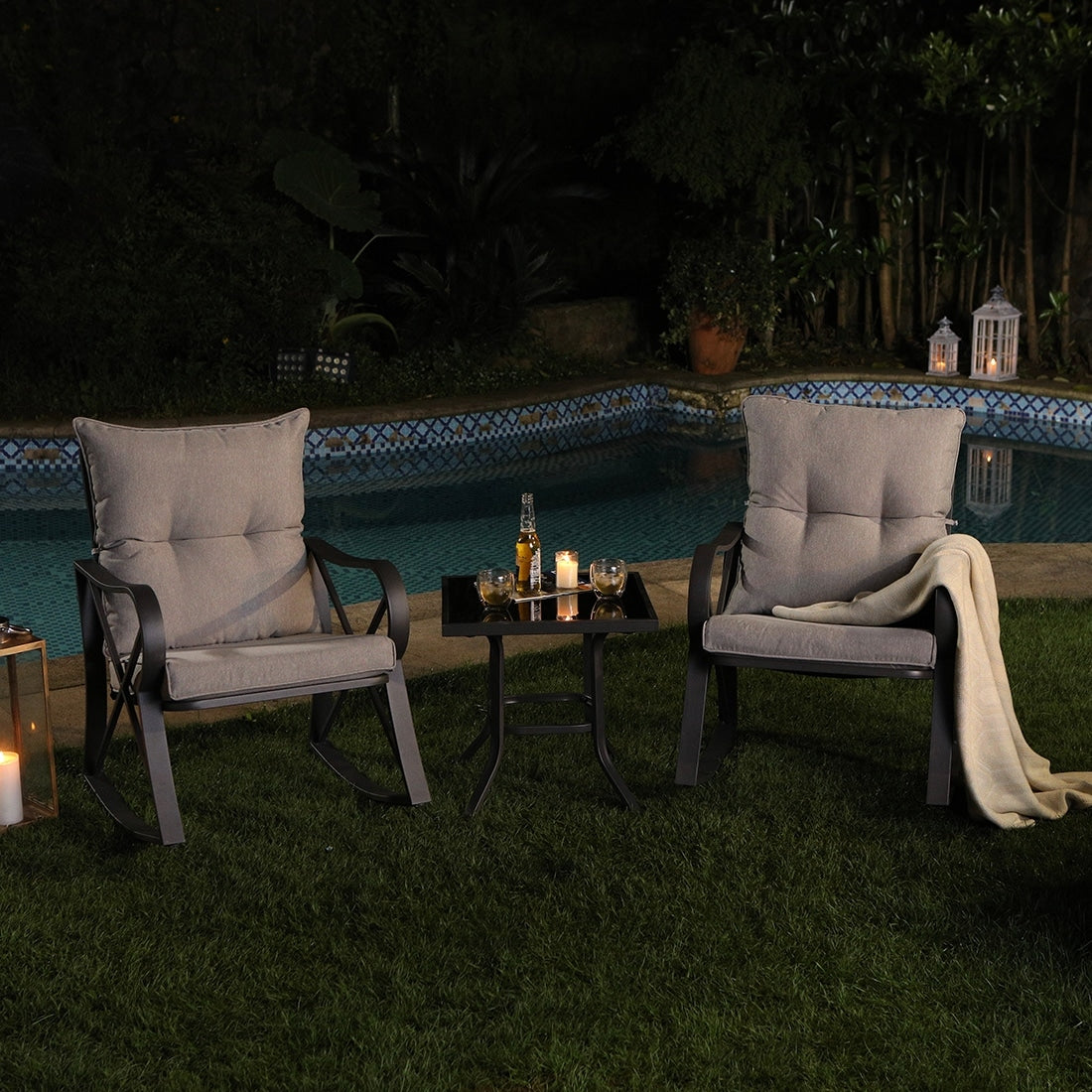 COSIEST 3-piece Outdoor Rocking Chair Chat Set with Side Table