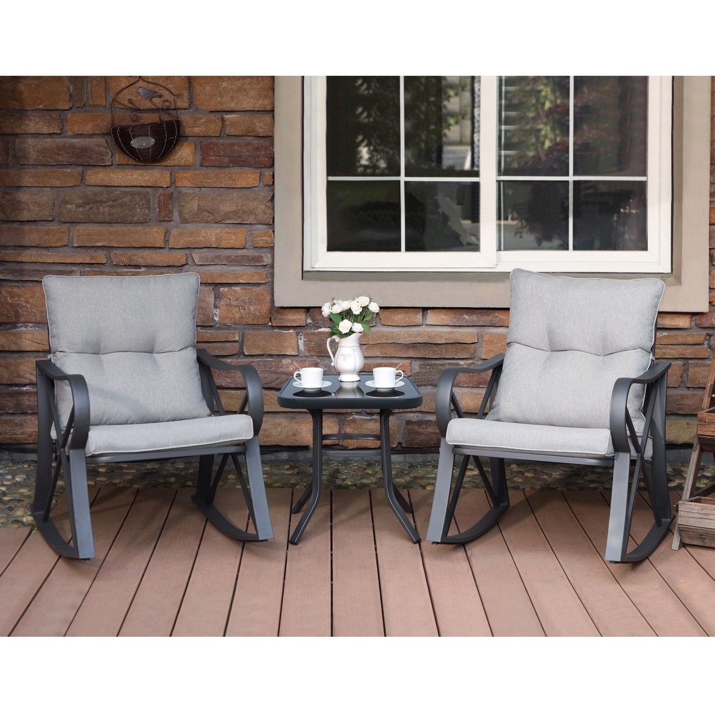 COSIEST 3-piece Outdoor Rocking Chair Chat Set with Side Table