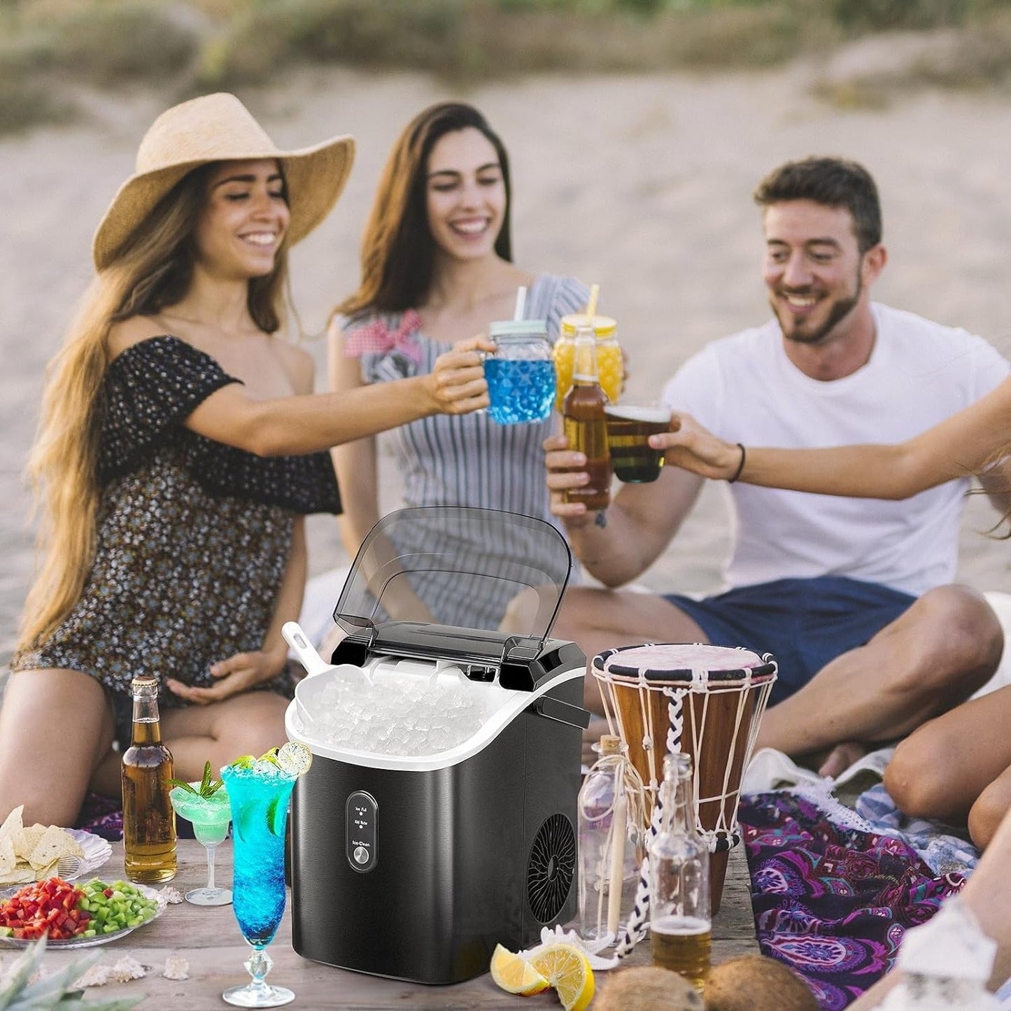 Nugget Ice Portable Countertop Ice Maker with Mechanical Buttons, Equipped with Ice Basket and Ice Scoop, Stainless Steel