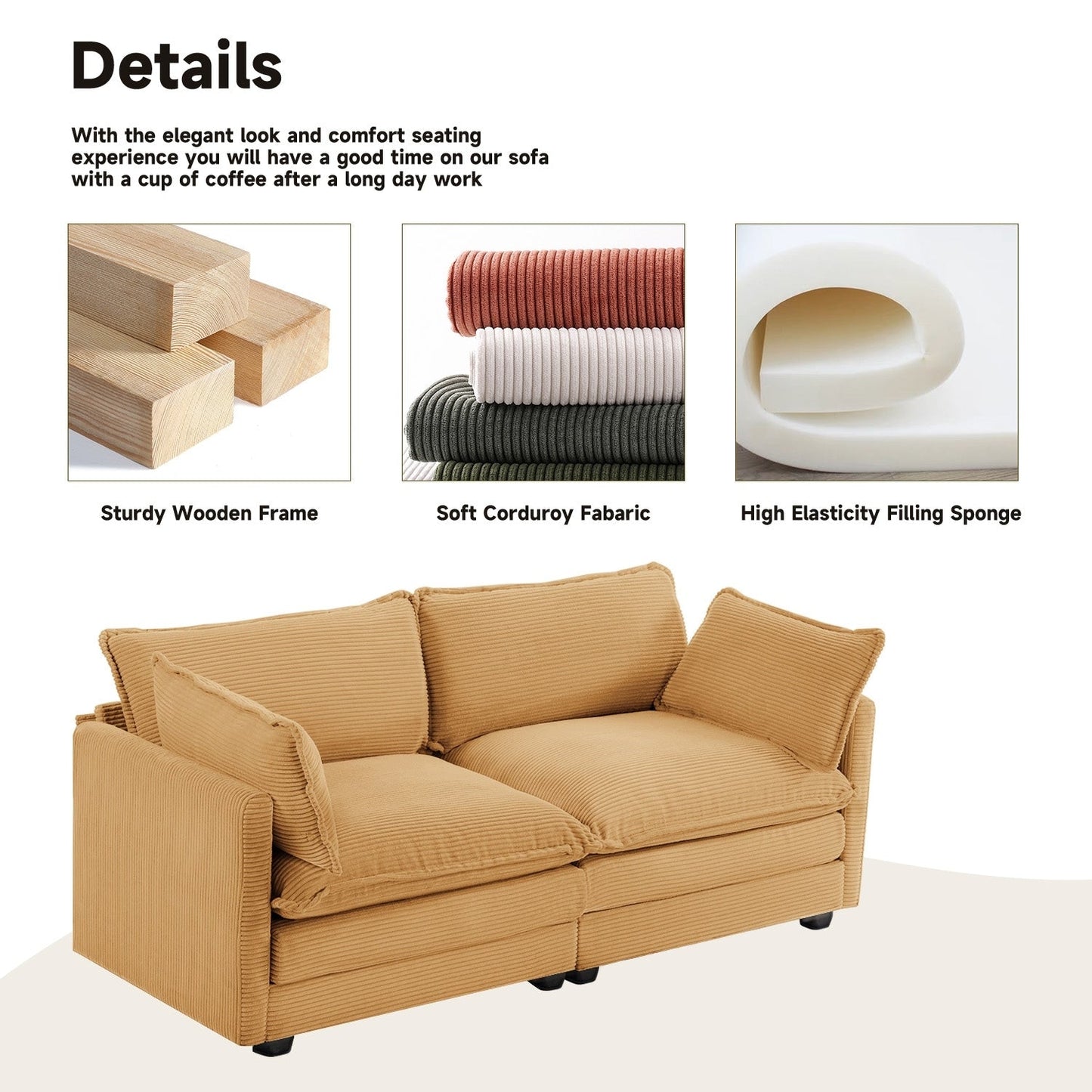 Corduroy Sectional Sofa with Removable Ottomans & Ultra-soft Cushions for Living Room & Bedroom