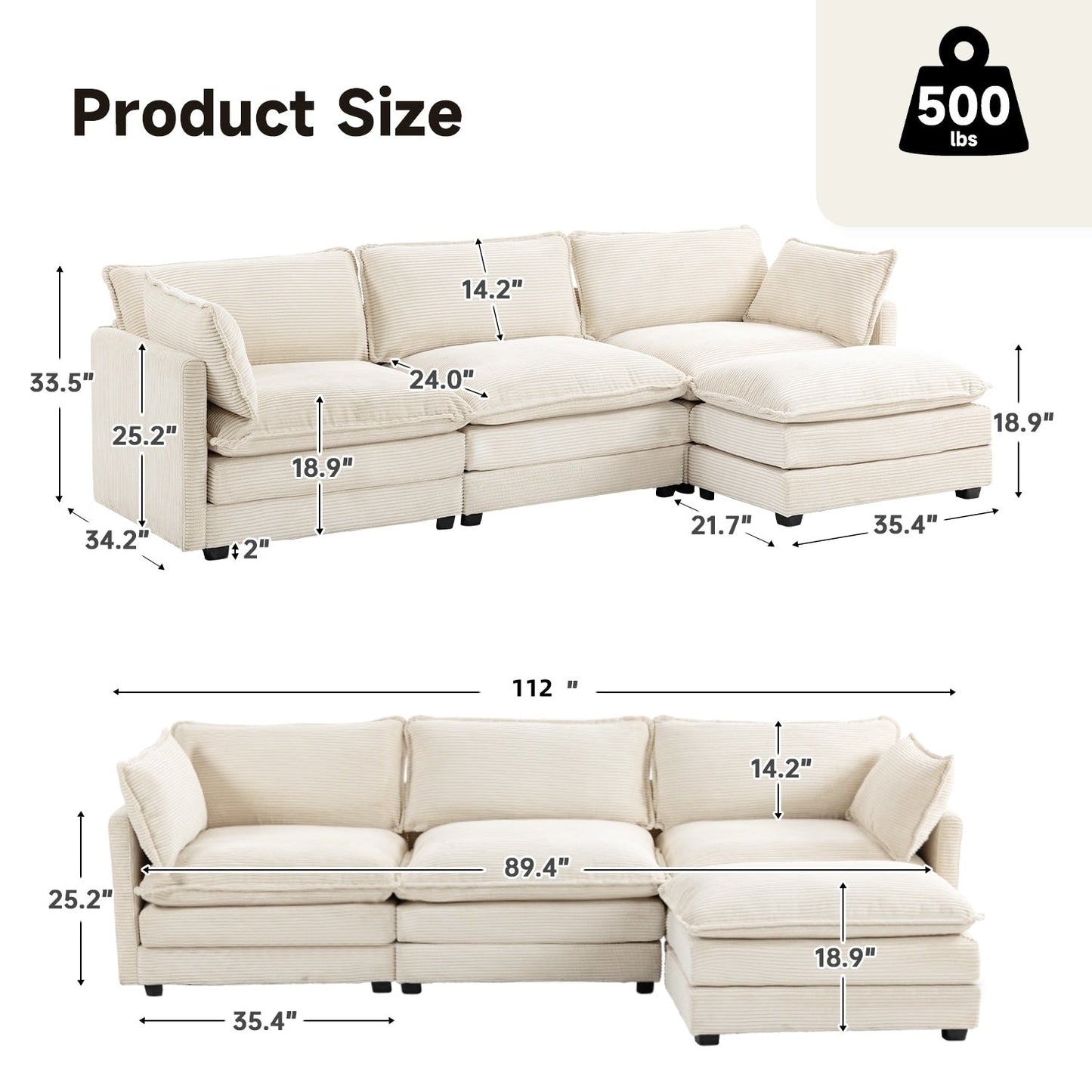Corduroy Sectional Sofa with Removable Ottomans & Ultra-soft Cushions for Living Room & Bedroom