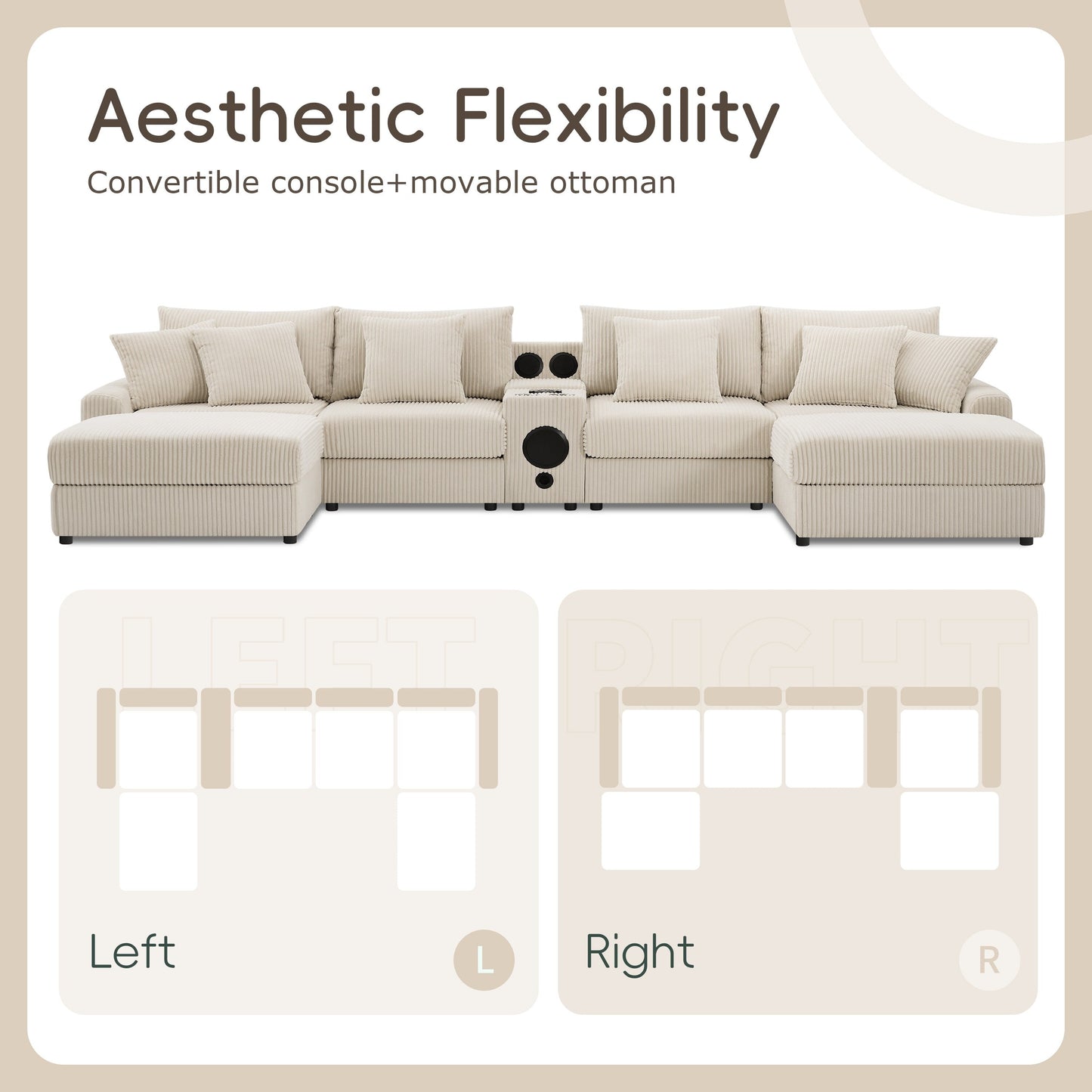 Corduroy Sectional Sofa with Bluetooth Speakers, USB Charger, Cup Holders, Storage, Ottoman, Deep and Wide Seat