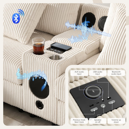 Corduroy Sectional Sofa with Bluetooth Speakers, USB Charger, Cup Holders, Storage, Ottoman, Deep and Wide Seat