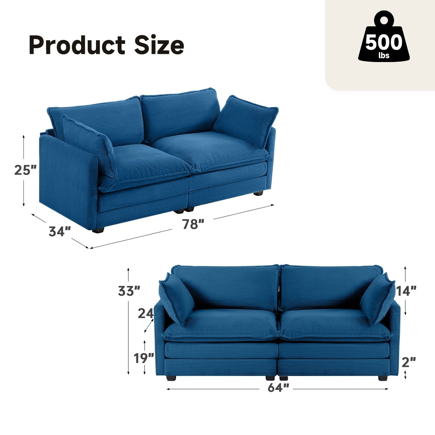 Corduroy Sectional Sofa with Removable Ottomans & Ultra-soft Cushions for Living Room & Bedroom