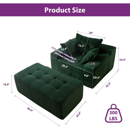 Corduroy Upholstered Memory Foam Sofa With Ottoman Upholstered Bean Bag Couch - 48.4Lx67.7Wx24.4H