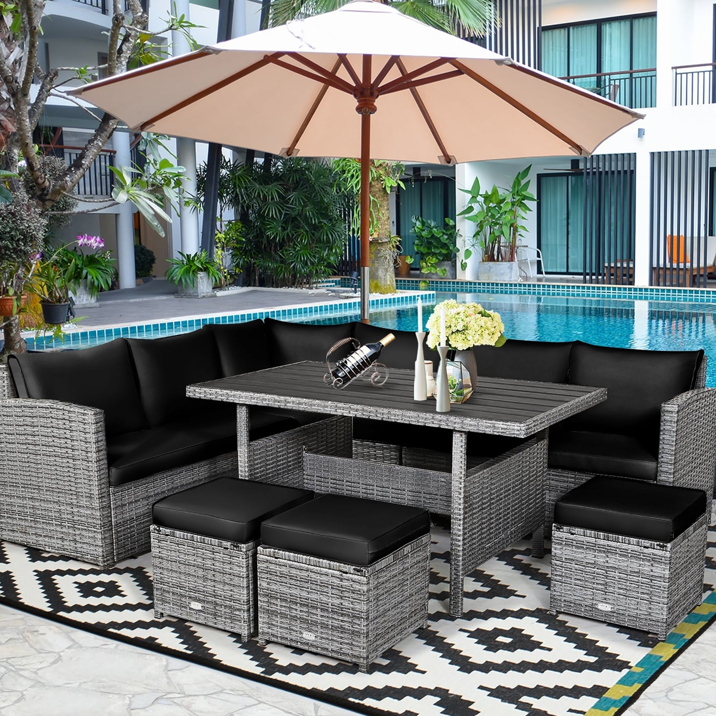 Costway 7 PCS Patio Rattan Dining Set Sectional Sofa Couch Ottoman - See Details
