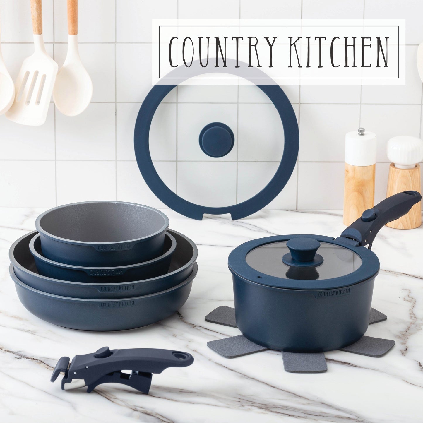 Country Kitchen 16 Piece RV Cookware Set Ceramic with Removable Handle Oven Safe