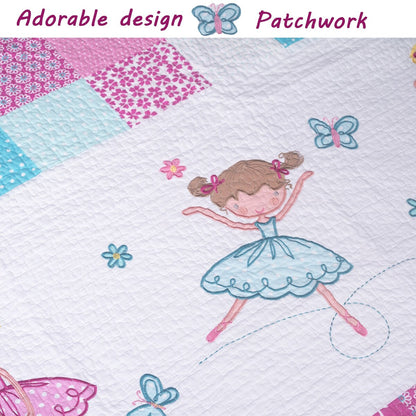 Cozy Line Ballerina Pink Girls Reversible Cotton Quilt Bedding Set with Decorative Pillows
