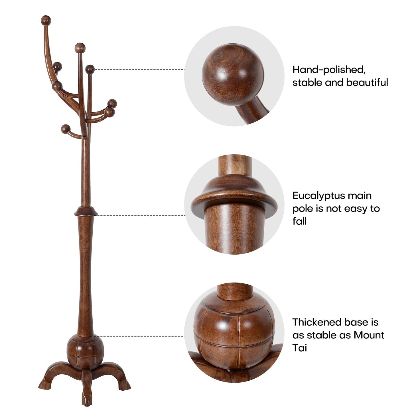 Tree-branch Rubberwood Freestanding Coat Rack with 8 Hooks - 24.5W x 70.87H
