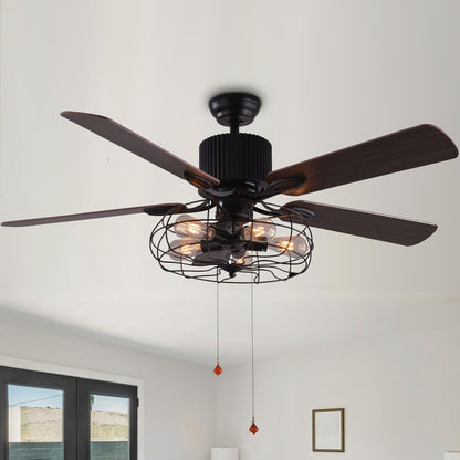CurveCurio Farmhouse Industrial 5-Light Black Cage Ceiling Fan with Light, Remote Control and Pull Chain 42-48-52 inches