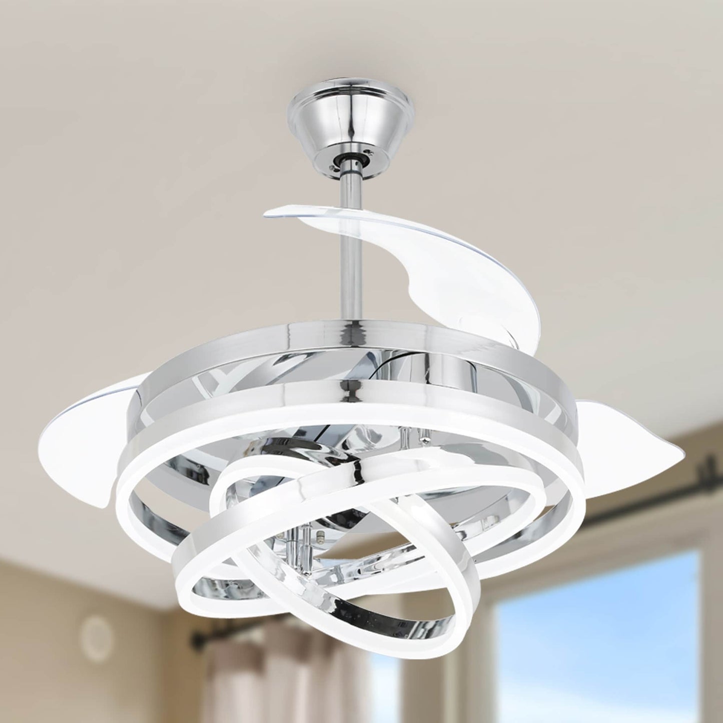 Cusp Barn 42 Retractable Ceiling Fan with Lights and Remote DIY Shape Fandelier Modern Silent DC Motor LED Ceiling Light