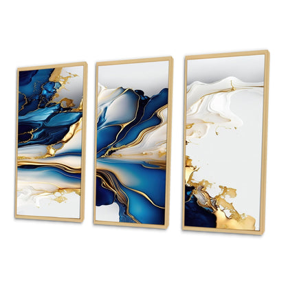 Designart Abstract Geode Gold And Blue Marble Shape III Modern Geometric Framed Canvas Art Print - 3 Panels