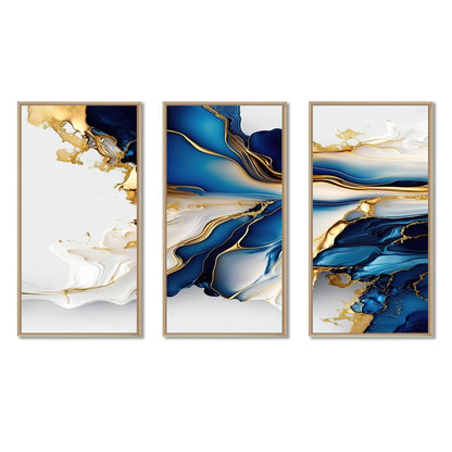 Designart Abstract Geode Gold And Blue Marble Shape III Modern Geometric Framed Canvas Art Print - 3 Panels