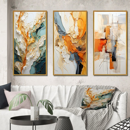 Designart Orange White Line Art Organic Abstraction Abstract Framed Wall Art Set Of 3 For Living Room Decor