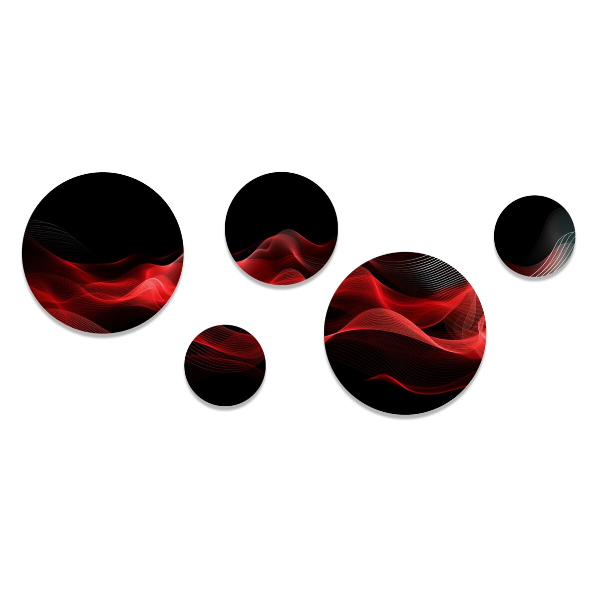 Designart Red Black Contemplative Abstraction IX Modern Waves Metal Round Wall Art Set Of 5