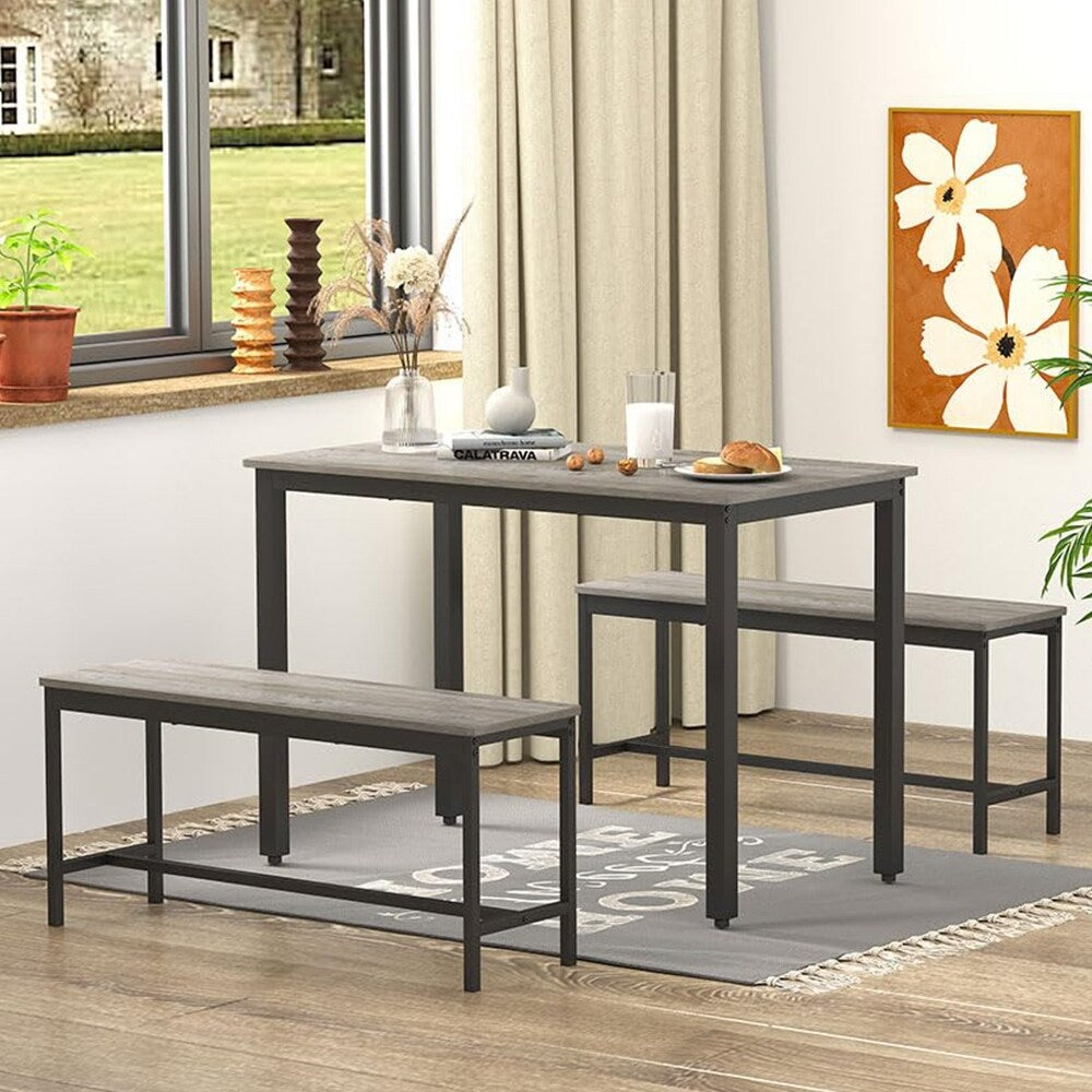 Dining Table Set, Wood Bar Table Set, Kitchen Table w/2 Benches - 3-Piece