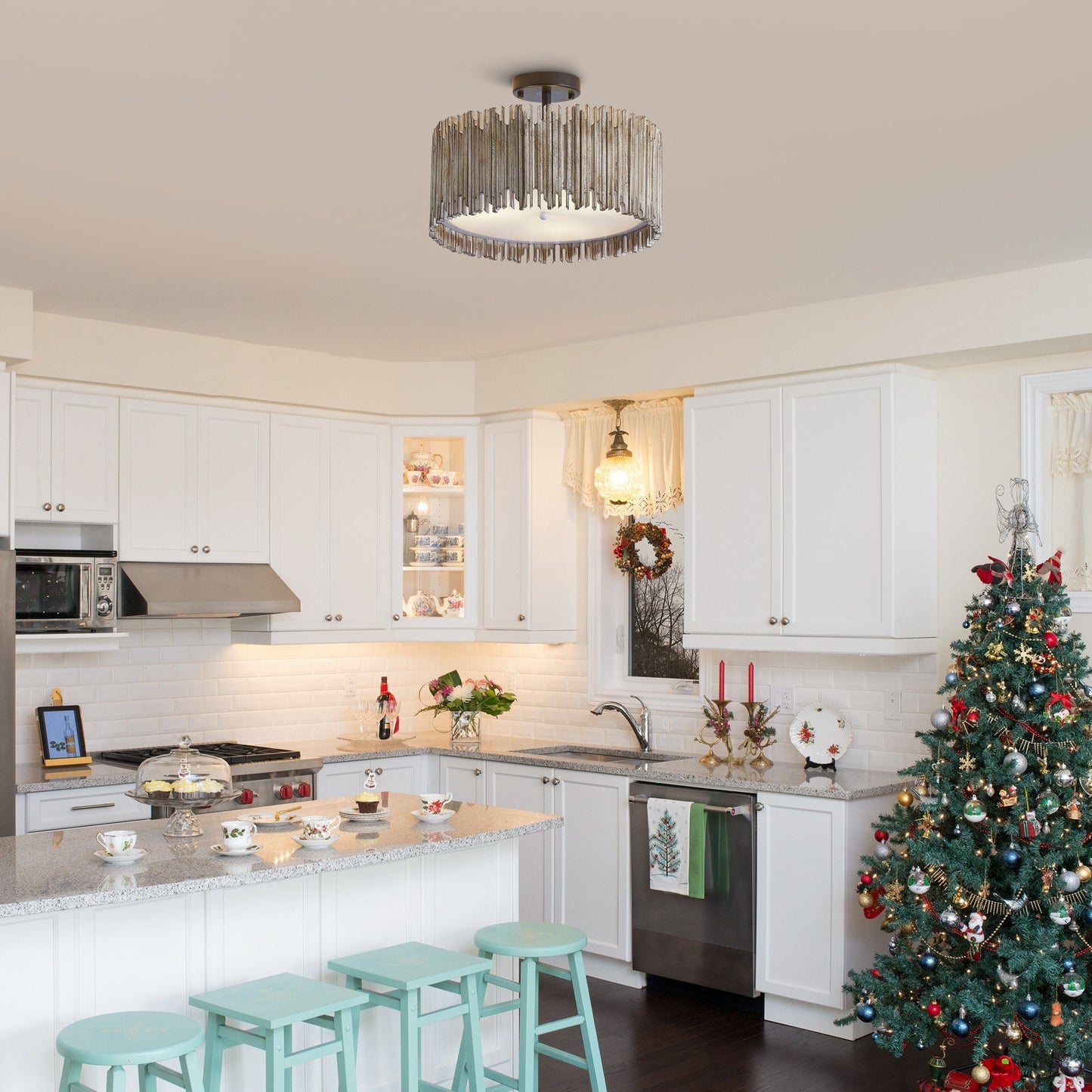 Distressed White 3-Light Wood Drum Semi-Flush Mount Ceiling Light