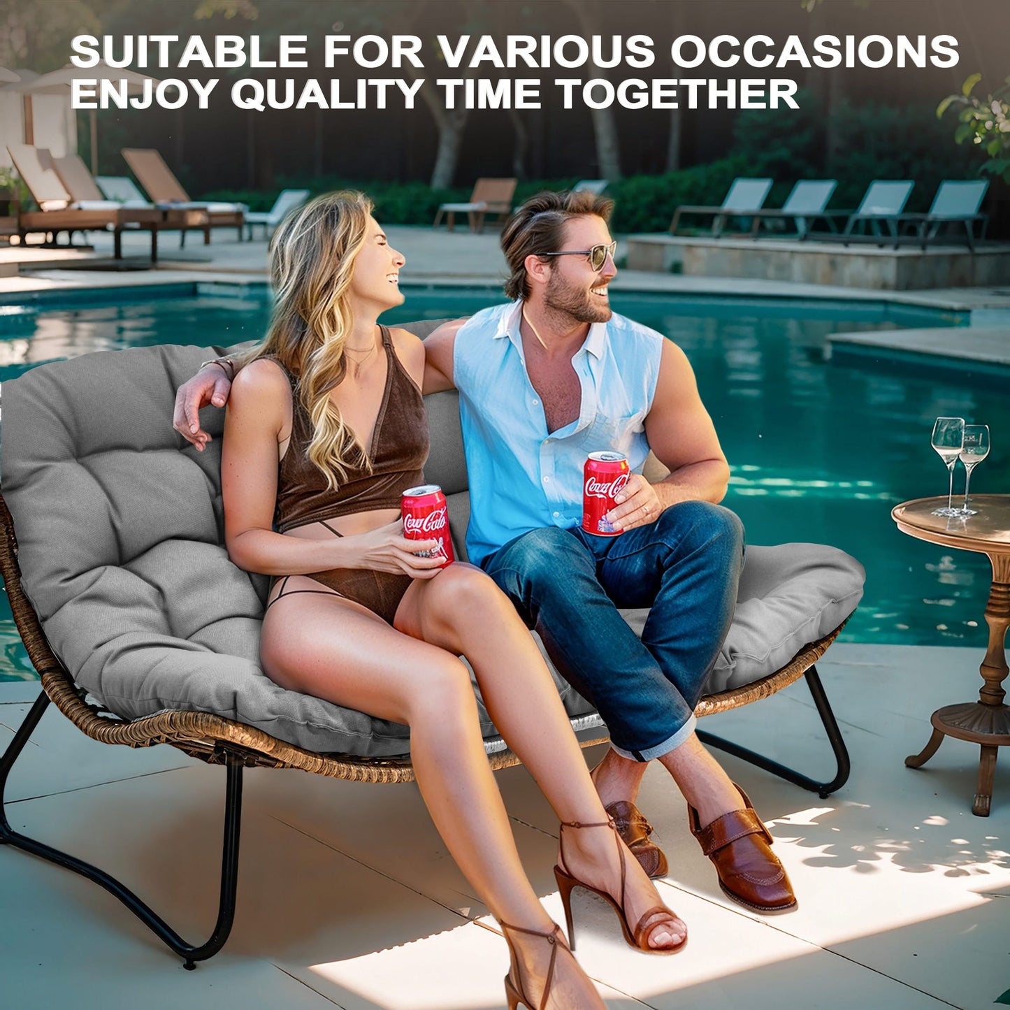 Double Papasan Chair Loveseat with Cushion, All-weather PE Rattan and Metal Frame for Indoor Outdoor