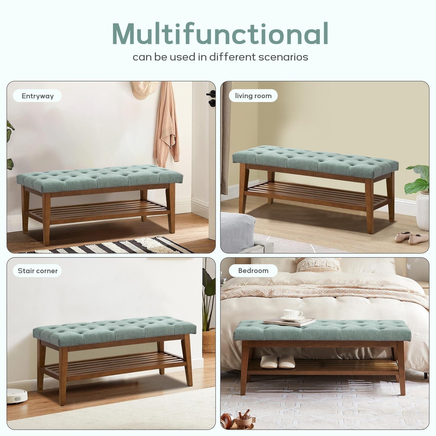 Entryway Shoe Bench Storage Bench Fabric Solid Wood, 43-inch Upholstered Bench for Living Room, Bedrooms