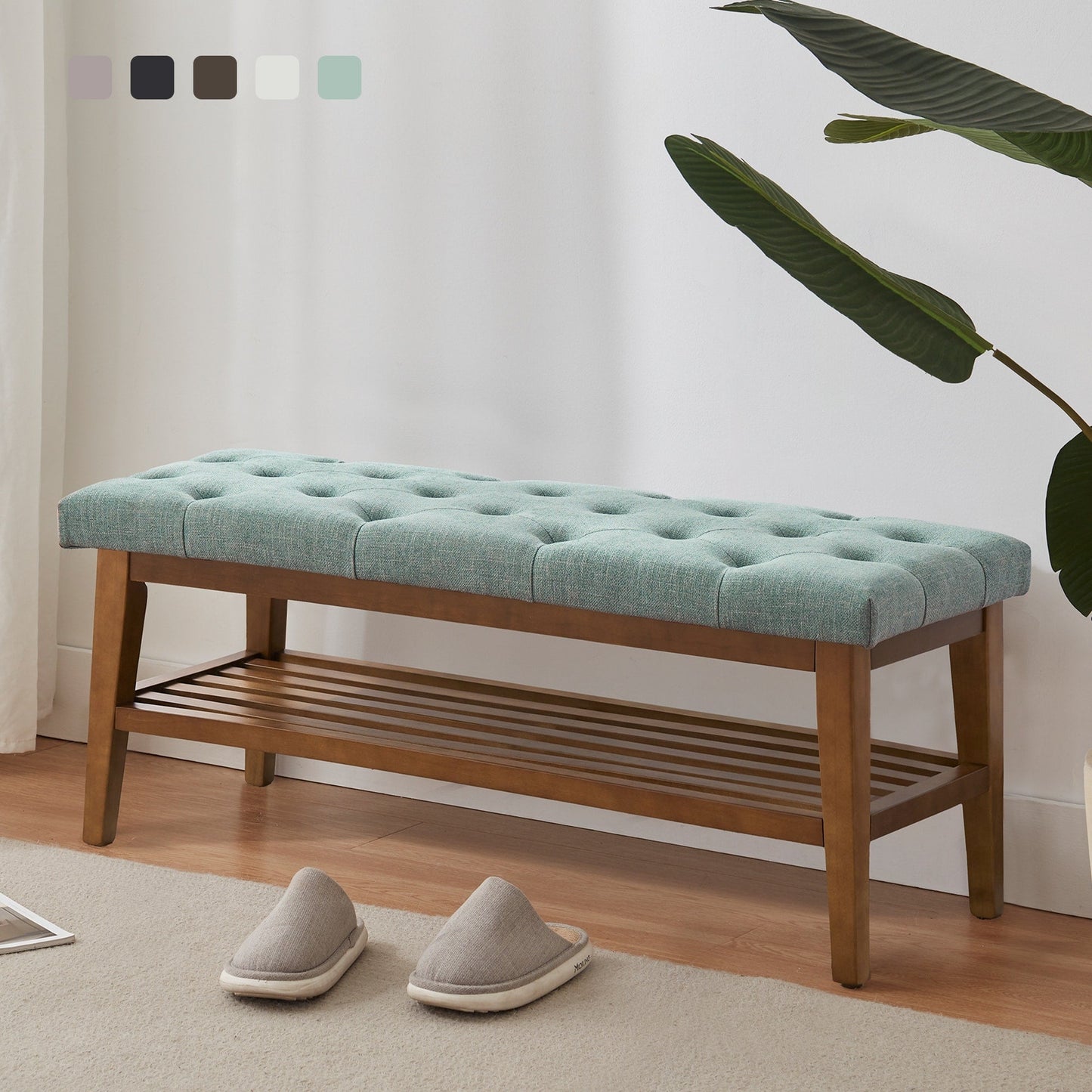 Entryway Shoe Bench Storage Bench Fabric Solid Wood, 43-inch Upholstered Bench for Living Room, Bedrooms