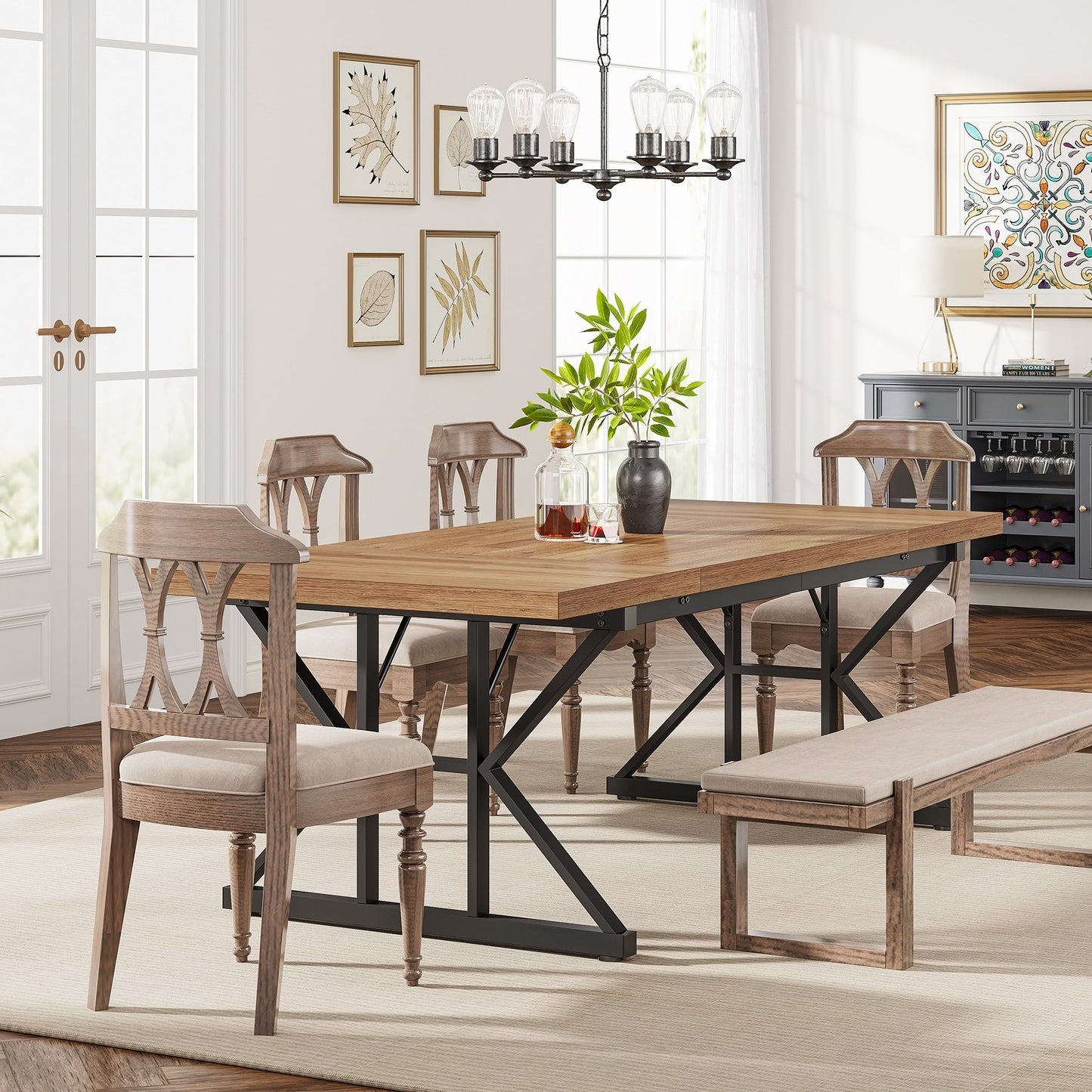Farmhouse Dining Table for 6 People, 70.8-Inch Rectangular Wood Kitchen Table