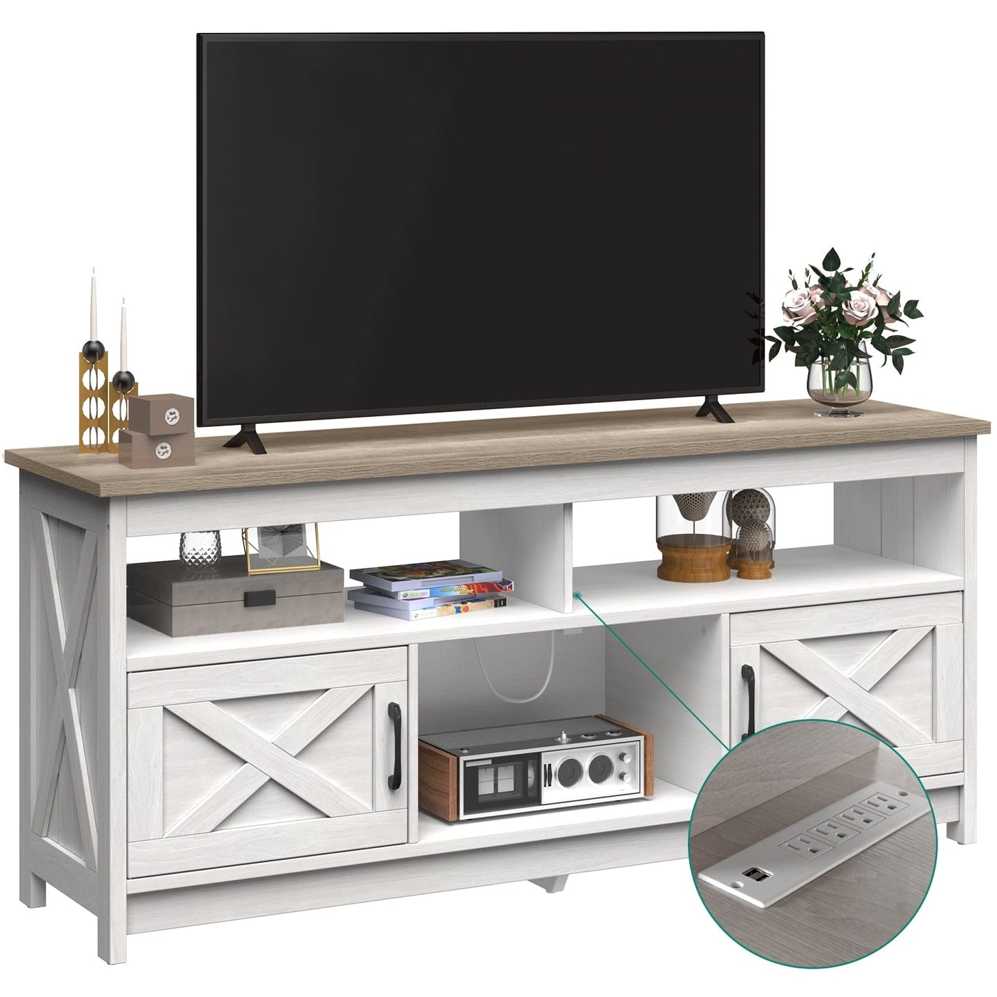 Farmhouse TV Stand for up to 65 TV with Doors and Open Shelves Media Console Power Outlet