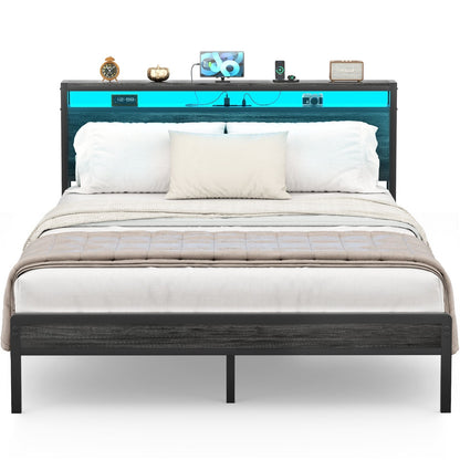 Farmhouse Wood Platform Bed Frame with Charged Station and LED Lights