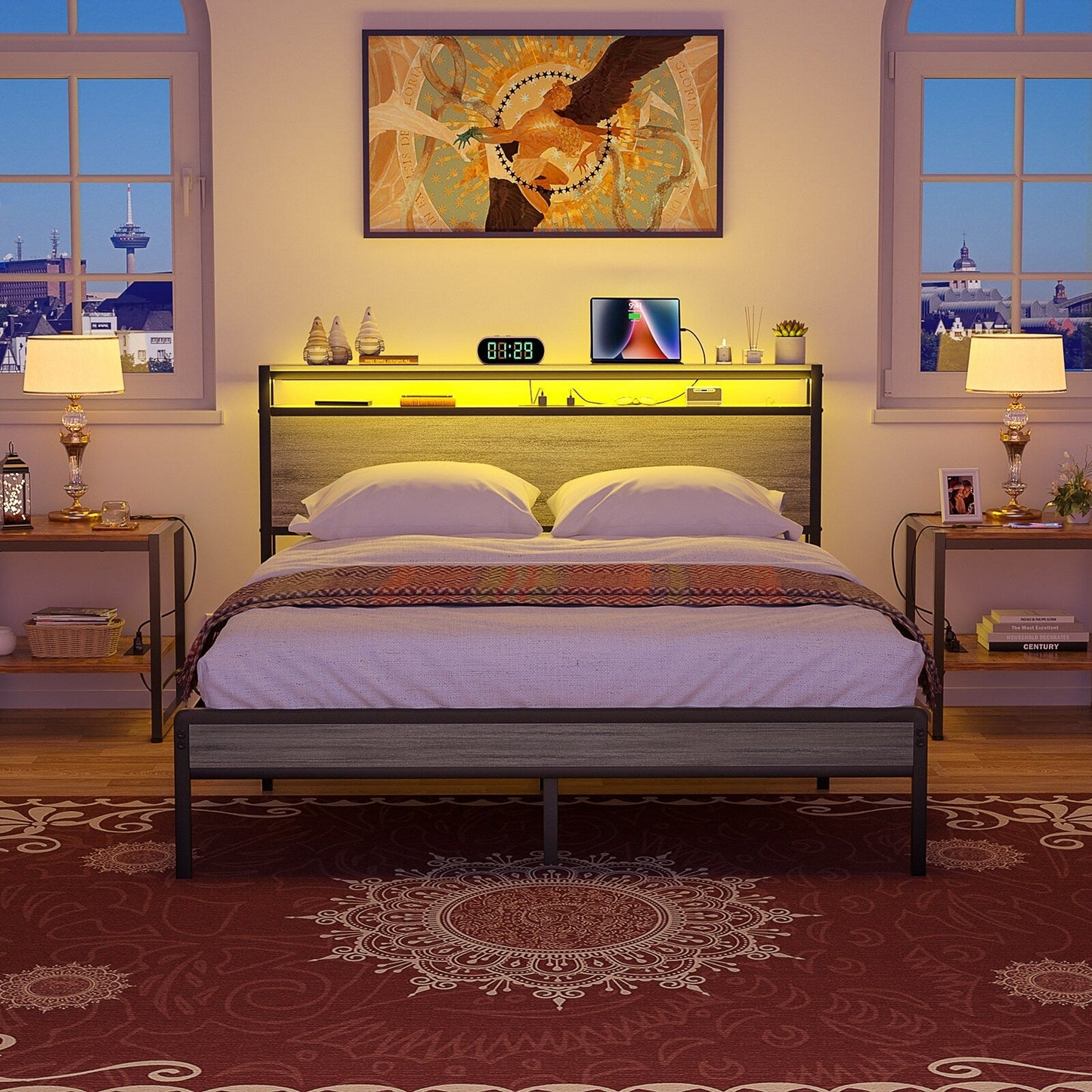 Farmhouse Wood Platform Bed Frame with Charged Station and LED Lights