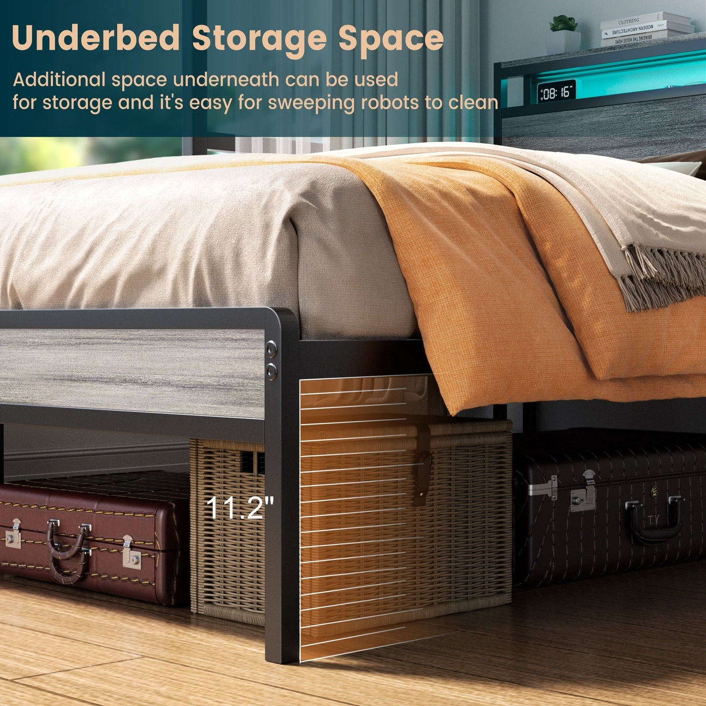 Farmhouse Wood Platform Bed Frame with Charged Station and LED Lights