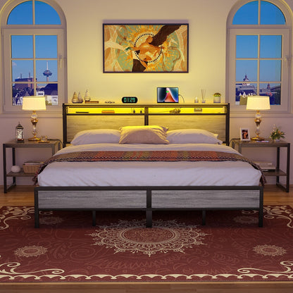 Farmhouse Wood Platform Bed Frame with Charged Station and LED Lights