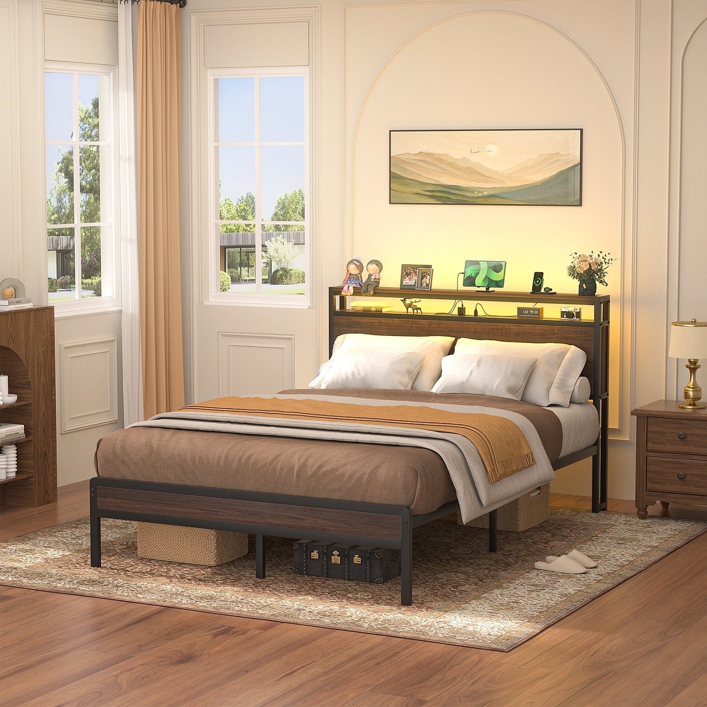 Farmhouse Wood Platform Bed Frame with Charged Station and LED Lights