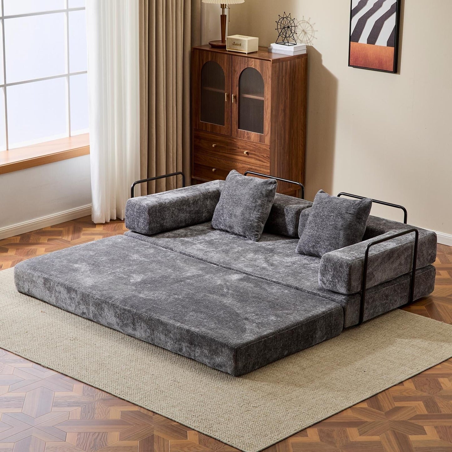 Floor Sofa Bed Convertible with Pillow Back Chenille Fabric for Living Room Bedroom