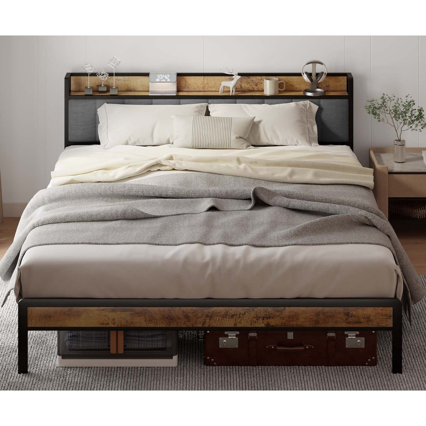 Twin / Full / Queen / King Size Metal Platform Bed Frame with Upholstered Storage Headboard