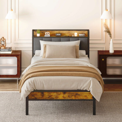 Twin / Full / Queen / King Size Metal Platform Bed Frame with Upholstered Storage Headboard