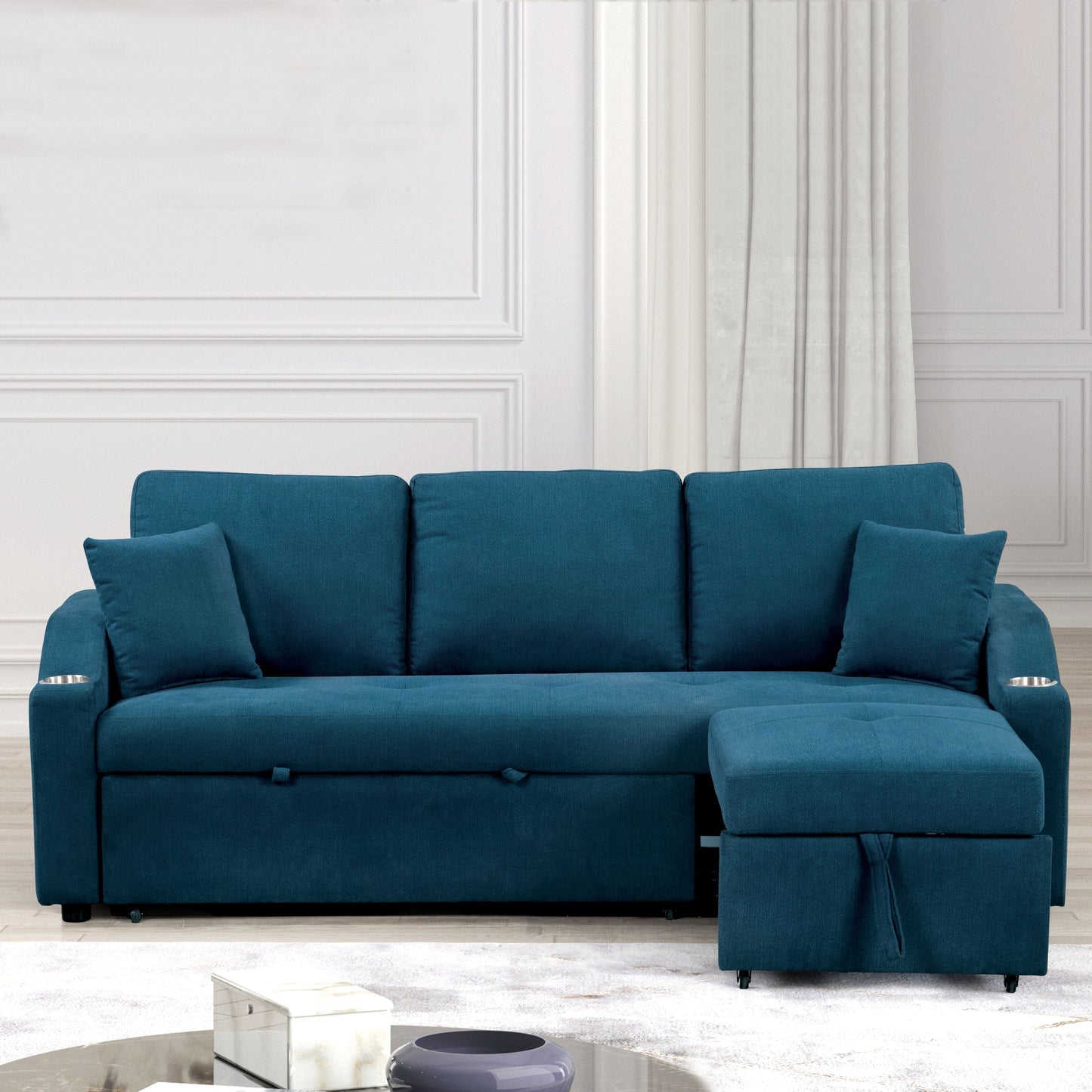 Furniture of America Scarlett Modern Tufted Space-Saving Sleeper Sofa Sectional with Cup Holders