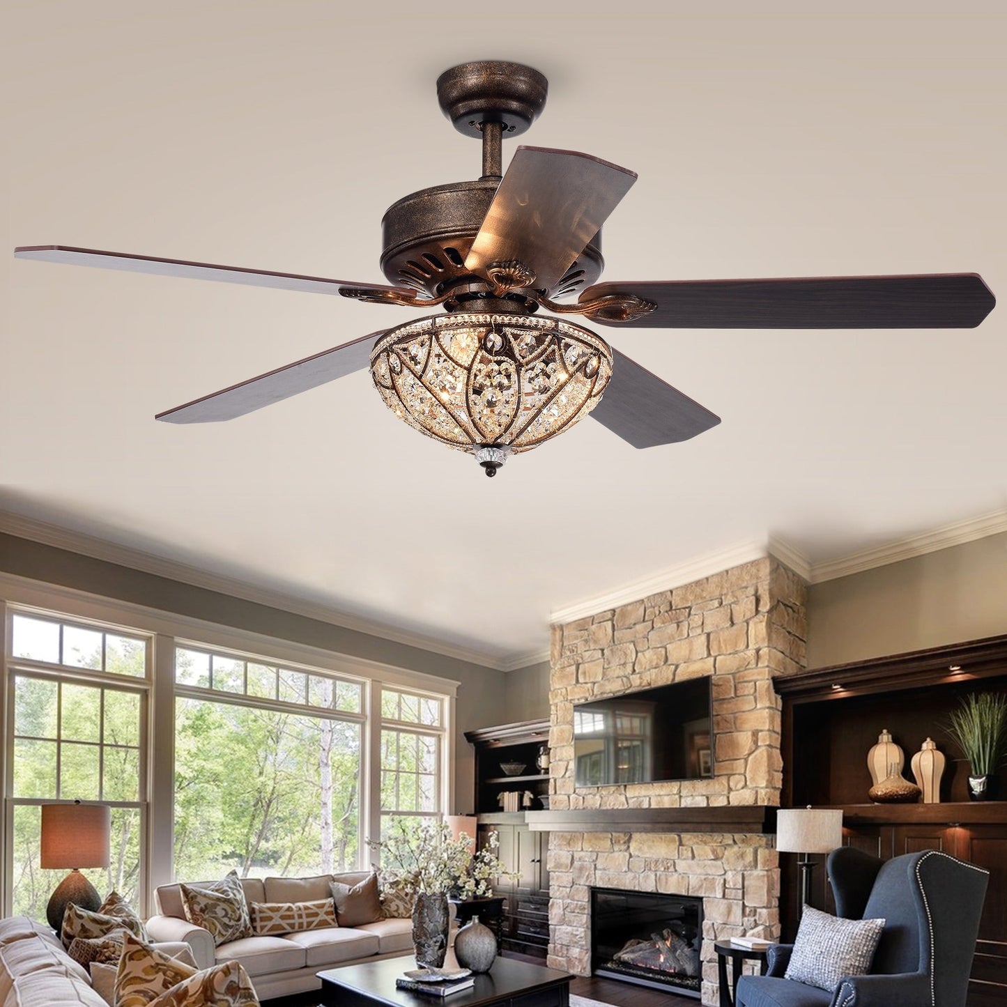 Gliska Rustic Bronze 5-blade Lighted Ceiling Fan with Crystal Shade