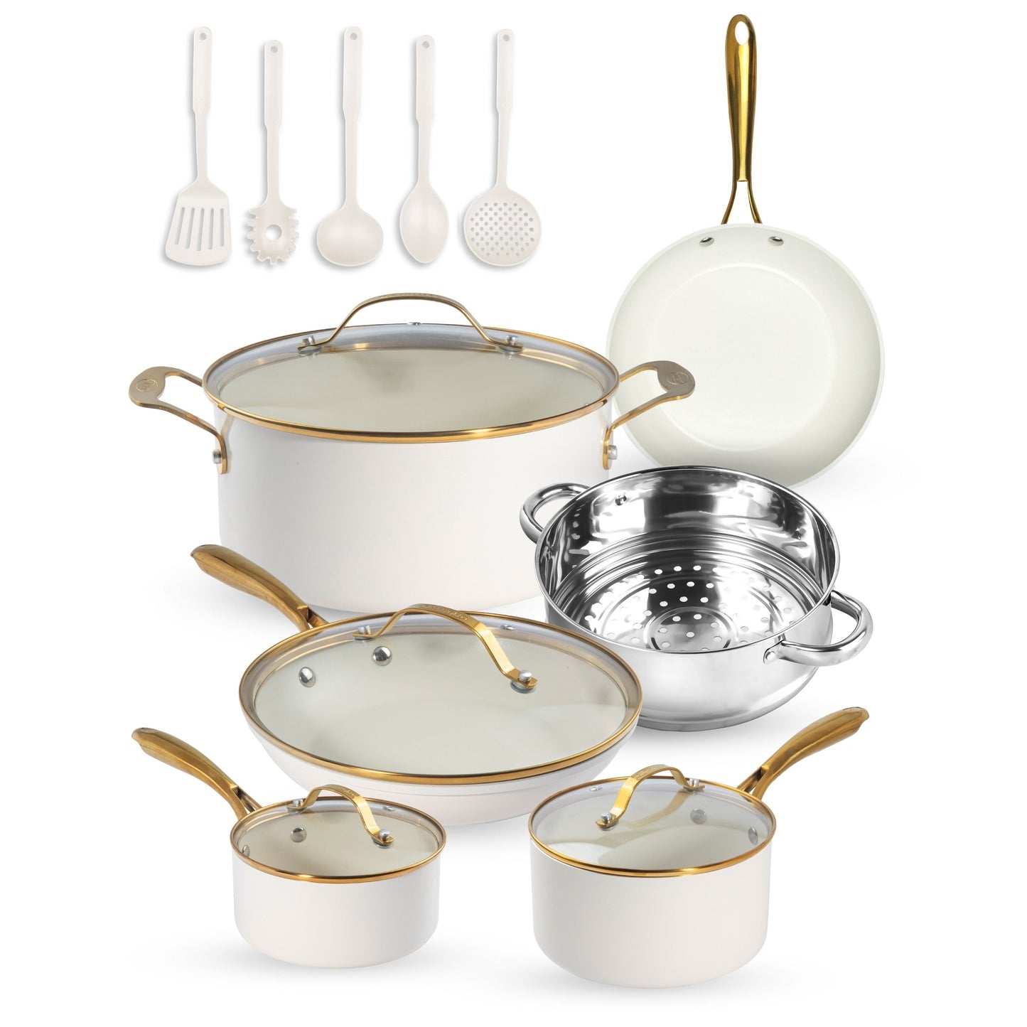 Gotham Steel Cream Pots and Pans 15 Piece Ultra Nonstick Ceramic Cookware Set with Utensils