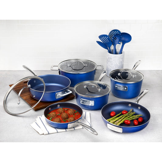 Granitestone Blue 15 Piece Stackmaster Nonstick Cookware Set with Glass Lids