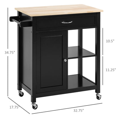 HOMCOM Kitchen Trolley, Wood Top Utility Cart on Wheels with Open Shelf and Storage Drawer for Dining Room, Kitchen