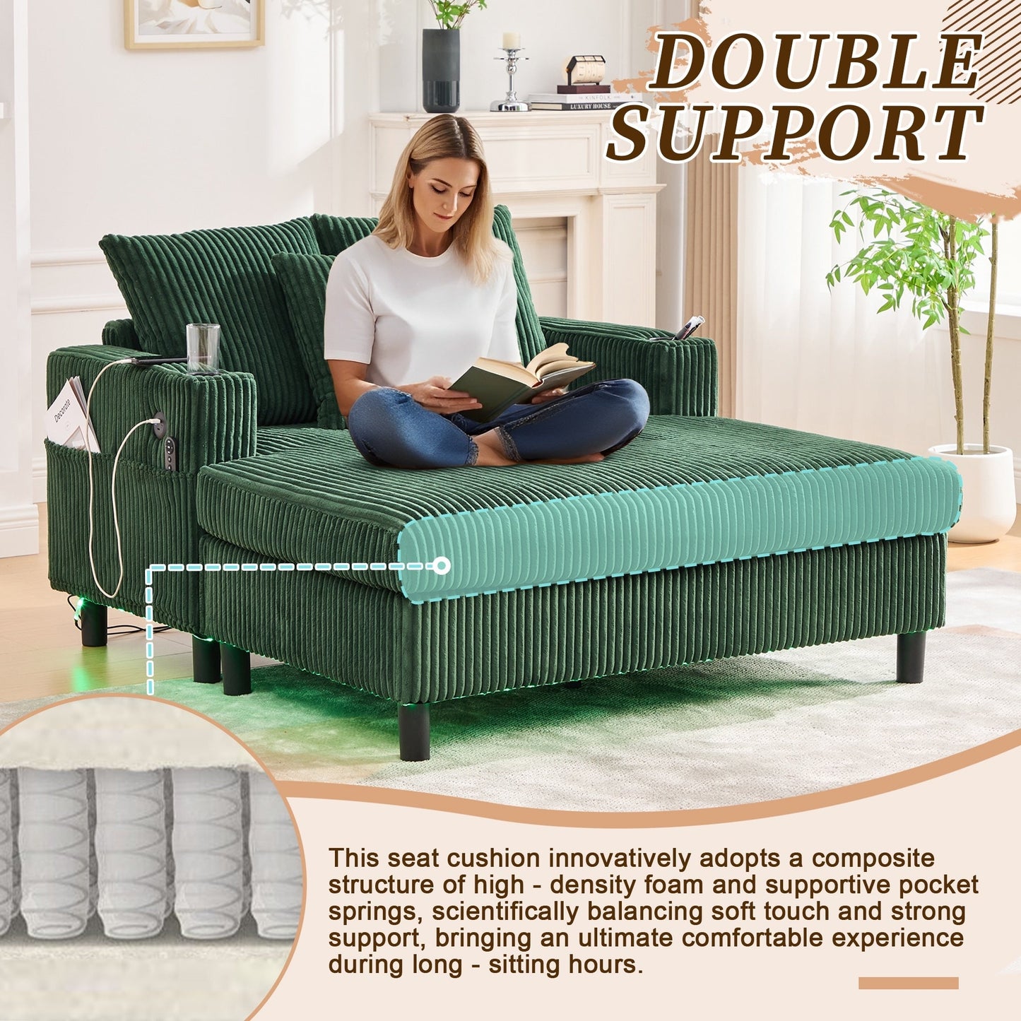 HOMEFUN Corduroy Upholstered Oversized RGB LED Light Recliner Sofa Bed with Cup Holder,USB&3 Pillows