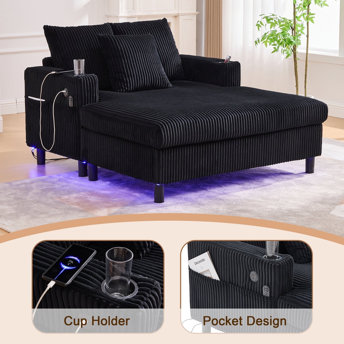 HOMEFUN Corduroy Upholstered Oversized RGB LED Light Recliner Sofa Bed with Cup Holder,USB&3 Pillows